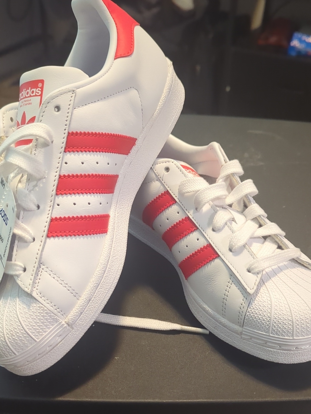 adidas White Sneakers with Red Stripes and Shell Toe